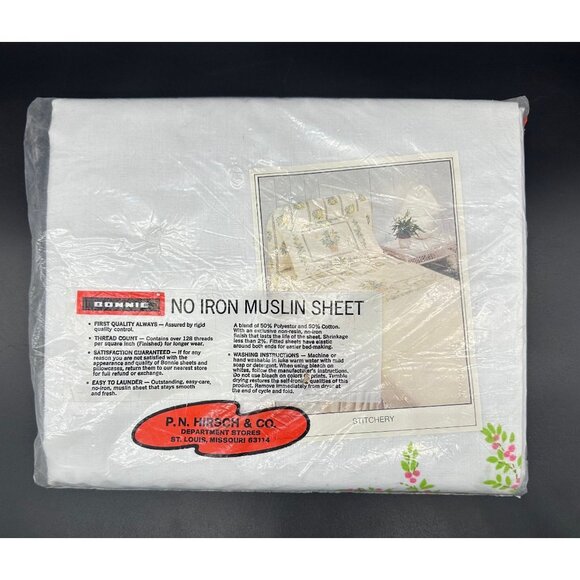 Vintage Full Flat Sheet Flower Basket Bonnie USA 1970s Cottagecore Cotton Blend - Picture 3 of 9